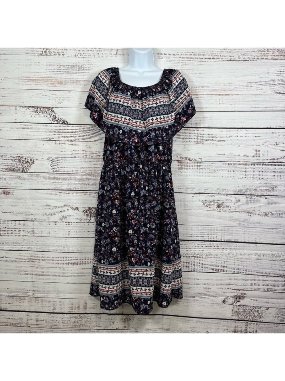 Style & Co Blue Red Floral Off The Shoulder Dress